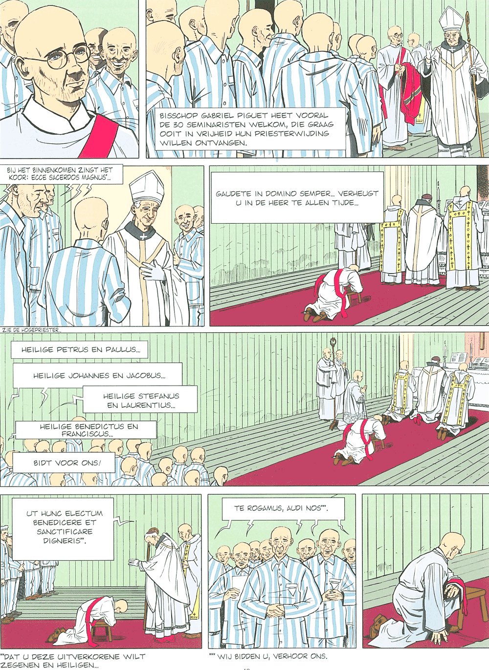 Strippagina van de priesterwijding van Karl Leisner in het concentratiekamp Dachau, met bisschop Gabriel Piguet en de seminaristen in kamppak